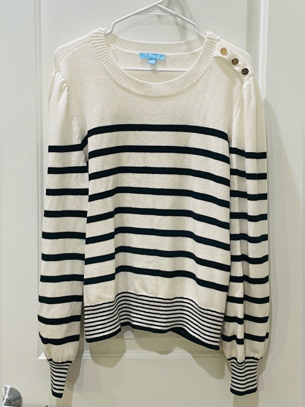 LIKE NEW…Draper James RSVP Striped Knit Sweater with Shoulder Buttons